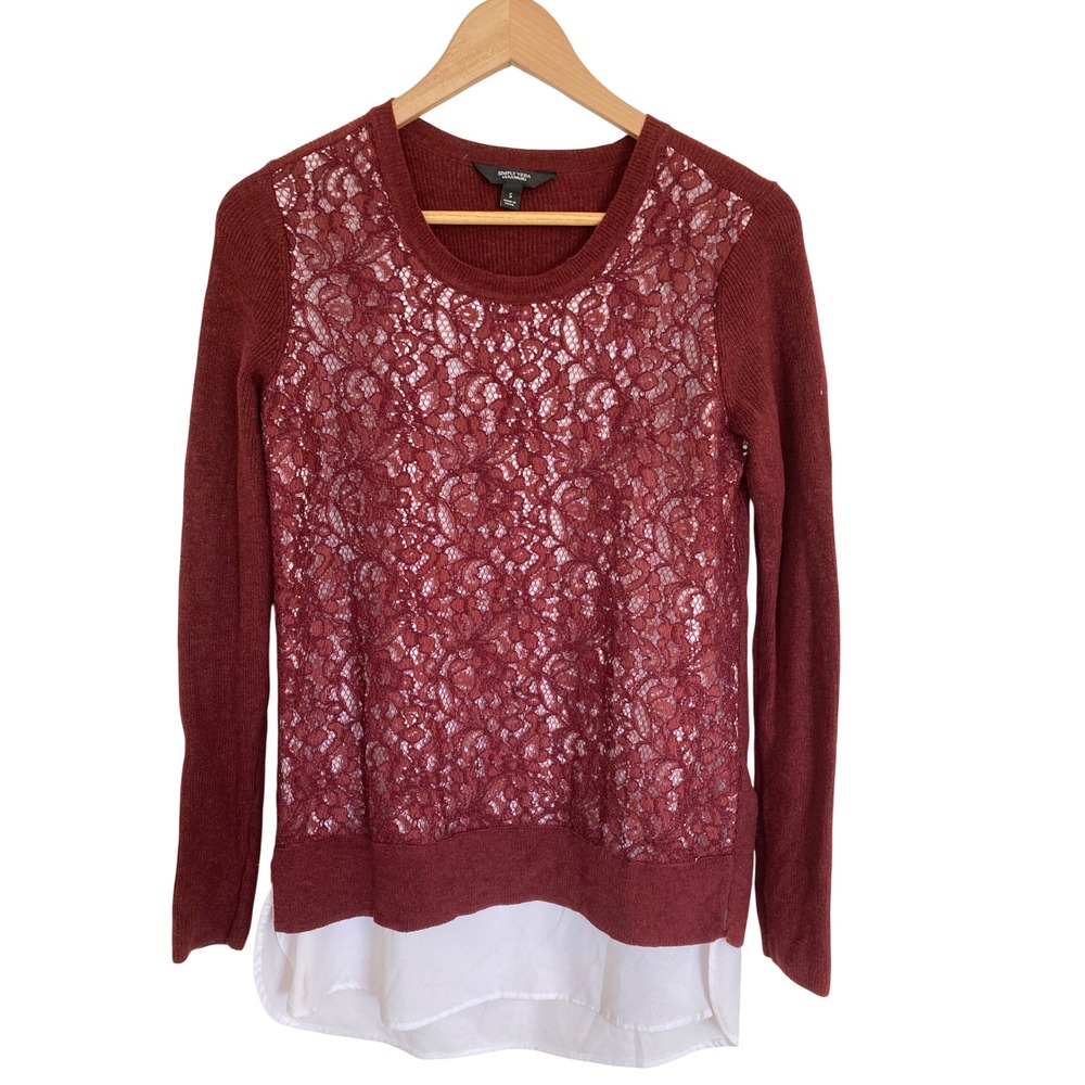 Simply Vera Vera Wang Burgundy Lace Front Layered Mixed Media Sweater Small